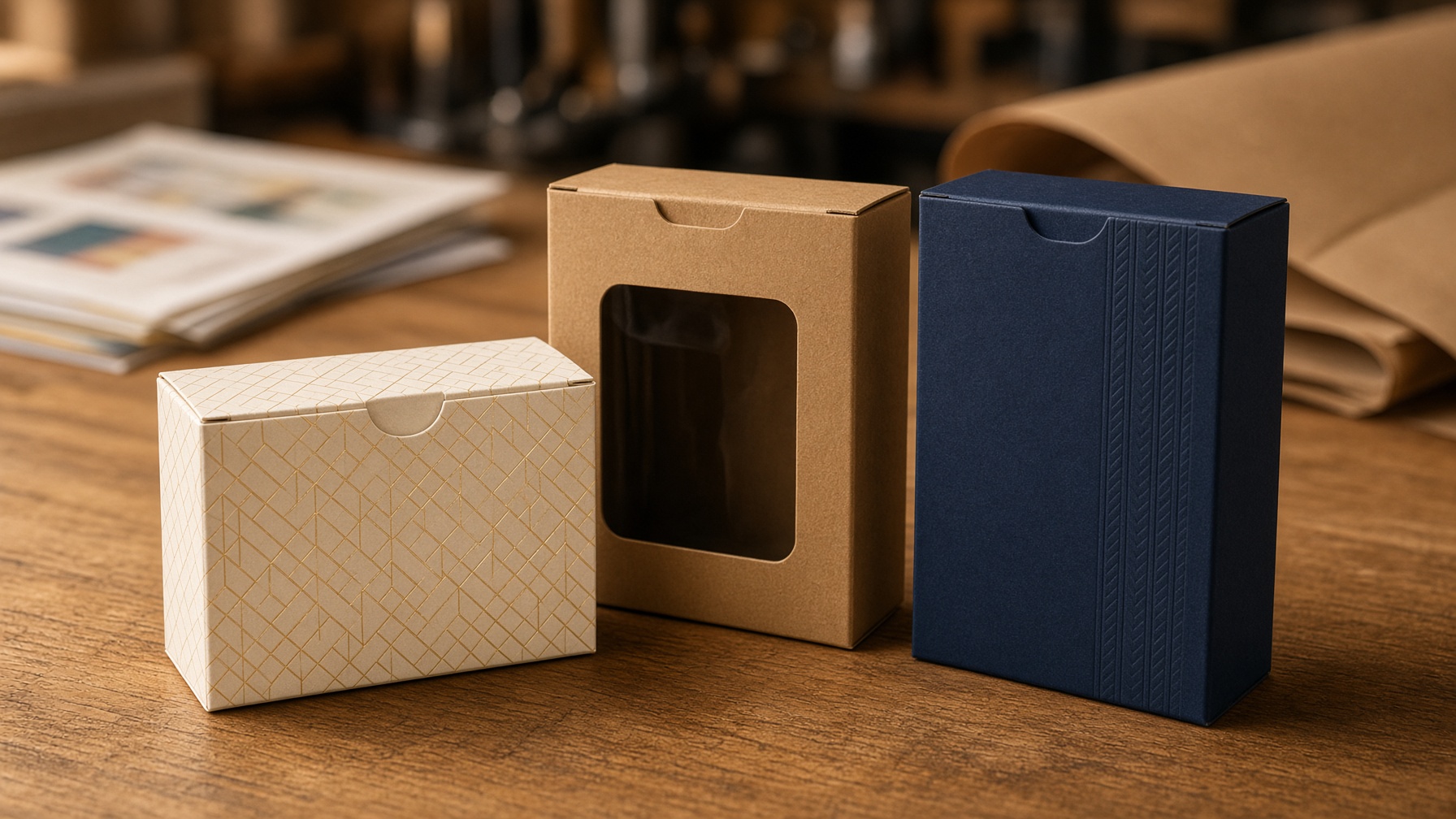 Custom folding cartons with foil and kraft board on a print-shop table